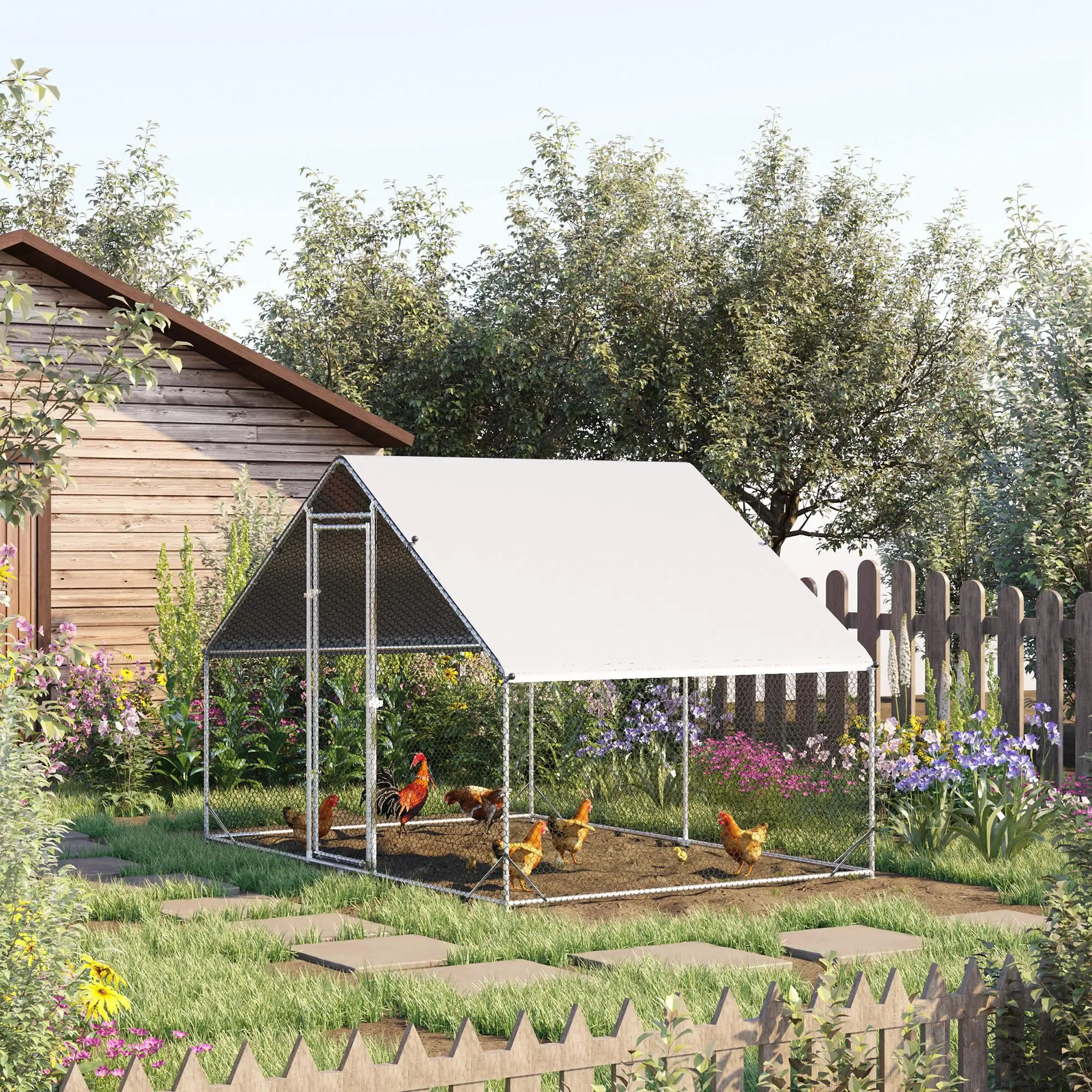 Galvanized Steel Predator-Proof Poultry Cage - Chain Link Wire, Rustproof, Water-Resistant, Shaded Space, Simple Assembly, Connectable with Wooden Coop, 6.6ft Height, 9.8ft Length for Chicken/Duck Farm Animal Keeping