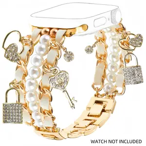 Fashion Pearl Beaded Watch Band with Lock Key Charms Pendants, Watch Band for iWatch Series 10 9 8 7 6 5 4 3 SE Ultra 2, Wearable, Aesthetic Watch Accessories, Smart Watch Strap for Electronic Gadgets, Smartwatch Strap
