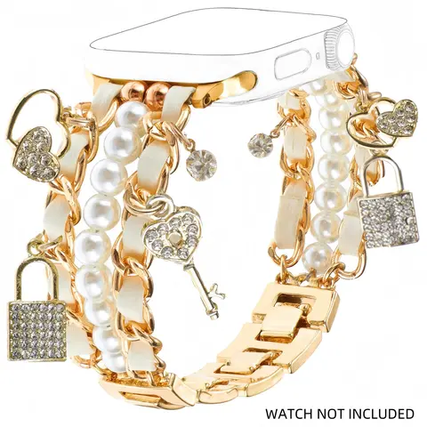 Fashion Pearl Beaded Watch Band with Lock and Key Charm Pendants, Compatible with iWatch Series 10 9 8 7 6 5 4 3 SE Ultra 2, Aesthetic Smartwatch Strap, Stylish Smartwatch Accessories, Wearable Tech Accessory (Watch Not Included)