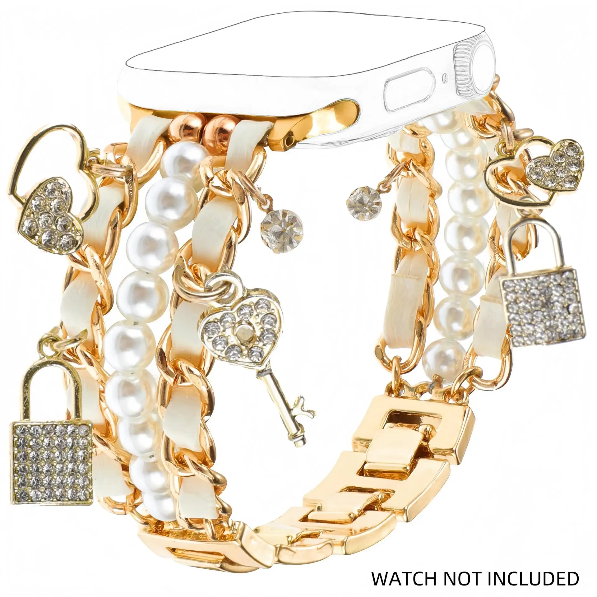 Fashion Pearl Beaded Watch Band with Lock Key Charms Pendants, Watch Band for iWatch Series 10 9 8 7 6 5 4 3 SE Ultra 2, Wearable, Aesthetic Watch Acc