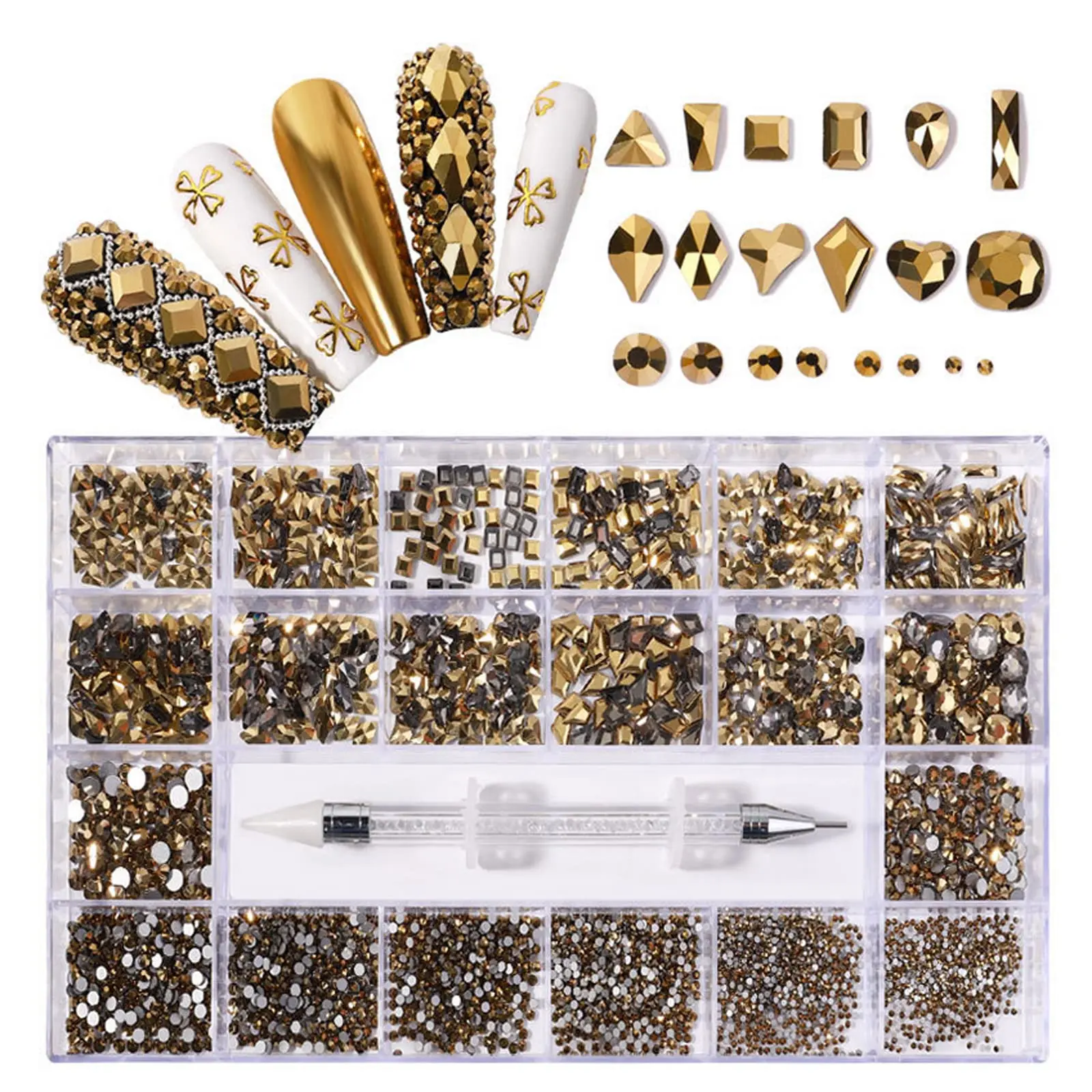 Nail Art Rhinestone Set - 3D, various shapes and sizes; AB-colored crystal nail art gems and pendants; flat-backed; includes a set; suitable for nail art and DIY decoration