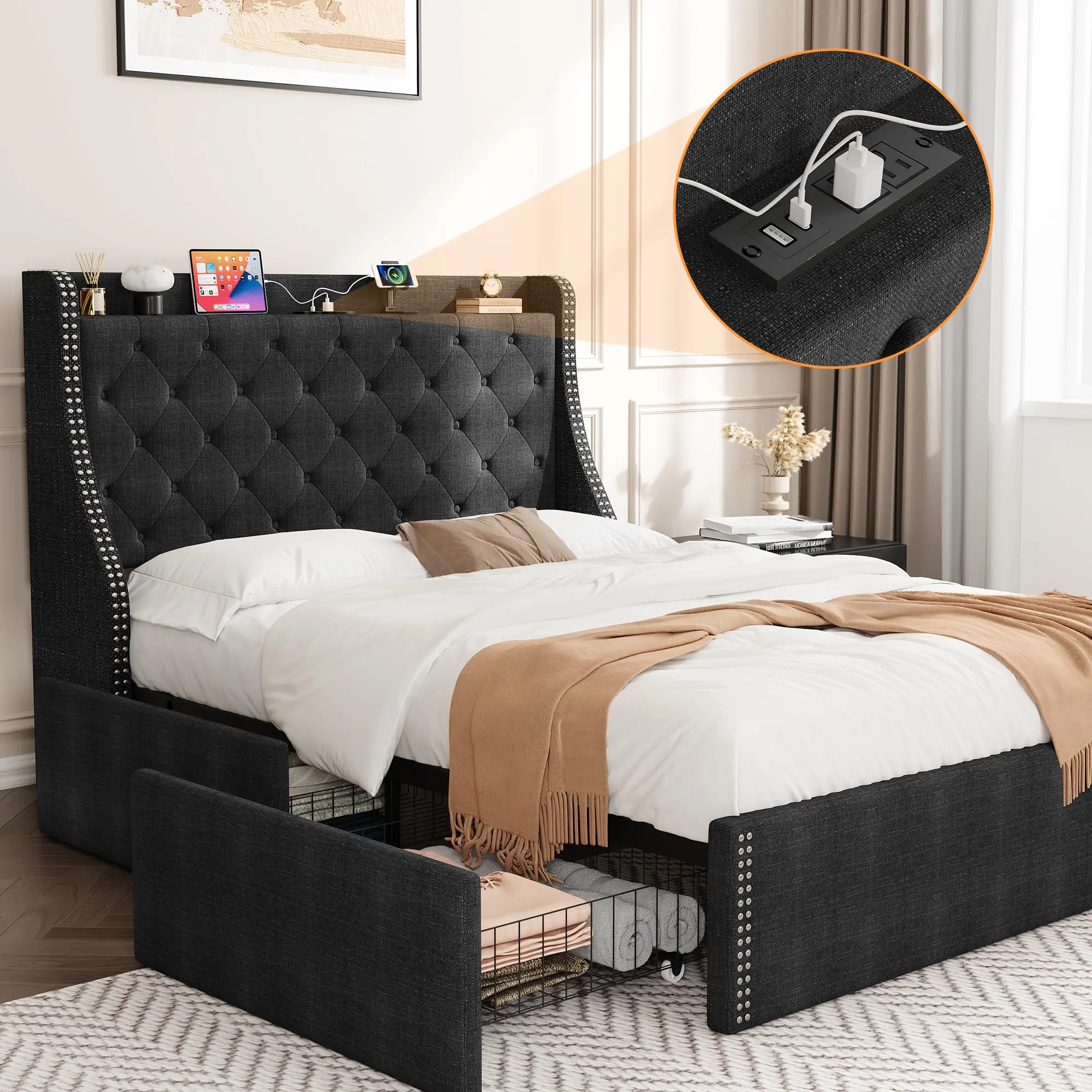 Garvee - Marco de Cama matrimonial con Almacenamiento, 4 cajones Debajo de la Cama y cabecero de ala, Puertos de estación de Carga Integrados, Plataforma tapizada con copetudo de Diamante, no