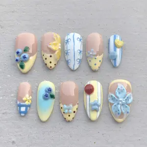 A23 Pastel Bow Press-On Nails, Blue Yellow Polka and Floral Design with 3D Charm Detail, Cute Soft Style, Everyday Nails, Gift for Her