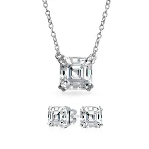 Bridal 4CT Solitaire CZ Asscher Cut Stud Earrings Pendant Gold Plated Silver Set