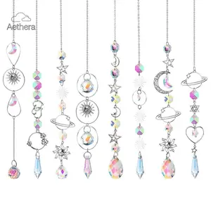 Aethera Silver Crystal Star Moon Sun Catcher Wind Chimes Hanging Prism Pendant for Home Garden Window Decor
