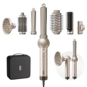 7 in 1 High-Speed Lollipop Air Styler, Automatic Hair Curler & Hot Air Brush Set with Detachable Heads, Blow Dryer, Curling, Straightening, Volumizing, Negative Ion Hair Styler for All Hair Types (Gold),Holiday Gift