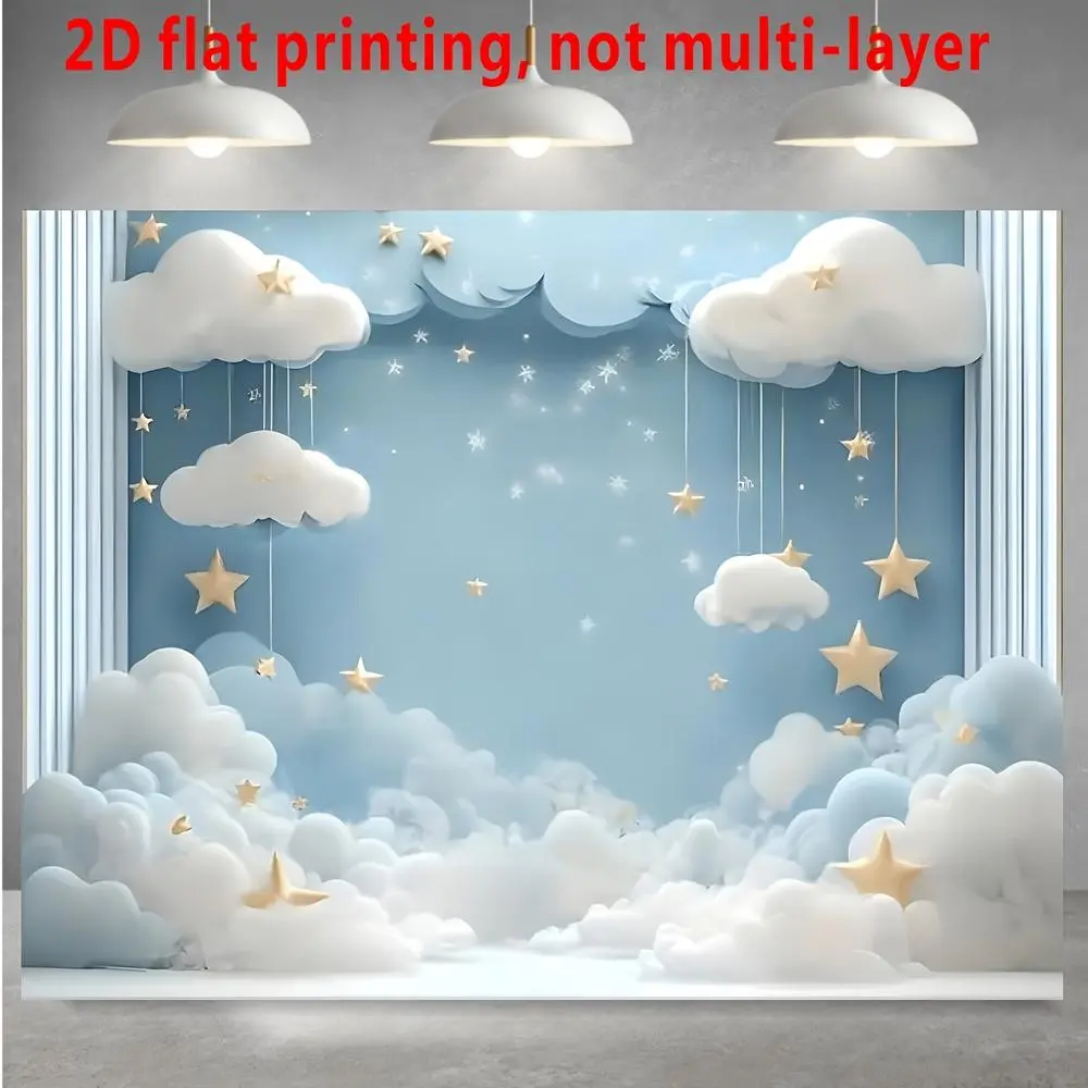 1PC Polyester Reusable 2D Flat Starry Sky Cloud-Themed Photo Backdrop Banner, Children's Birthday Party Decoration, Baby Full-Moon Shooting Prop