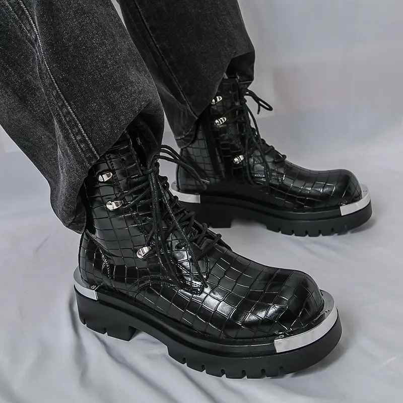 Men's Retro High-Top Leather Boots - Patchwork Design, Lightweight, Non-Slip, Wear-Resistant, Thick-Sole Fashion Footwear for Casual Walking, Walking Shoes, Retro Look, Closed, Decor, Round Toe