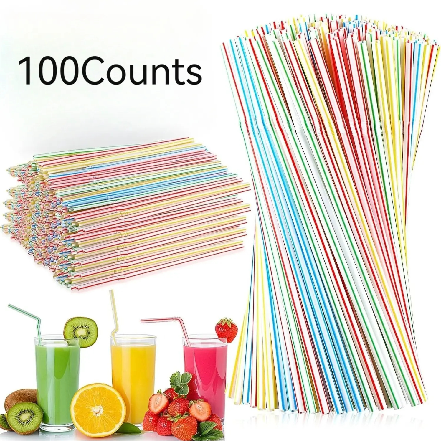 100PC colorful striped straws, reusable soft straws, long colorful straws in various colors, reusable straws, hand wash only, DIY craft straws, long coffee straws, cocktail party straws, suitable for parties, camping, and other occasions