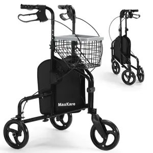 3-Wheel Rolling Walker for Seniors Foldable Rollator Walker with Basket & Tray, 300Lbs Weight Capacity, Height Adjustable, Black