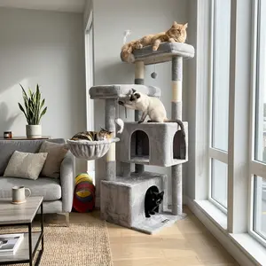 55” Plush Multi-Level Cat Tower | Large Top Perch, Hanging Basket & Easy Assembly