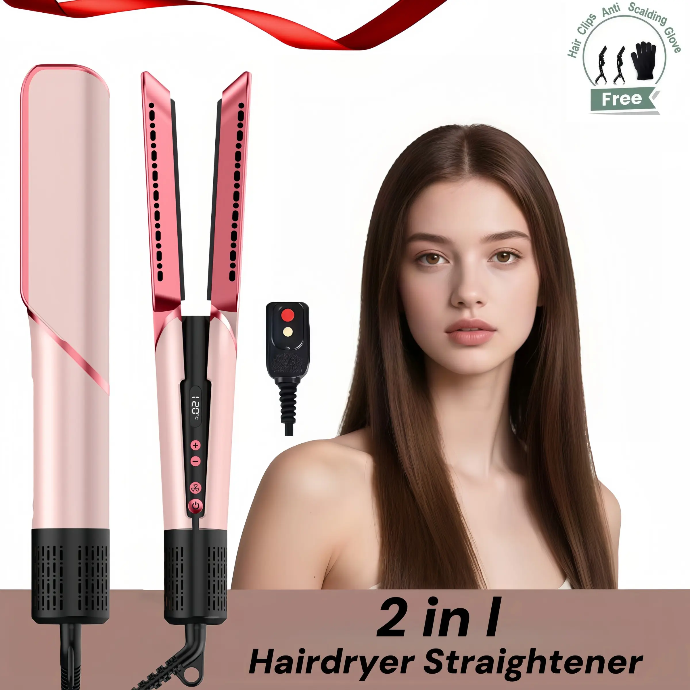 1 pink professional electric hair straightener LED display 1300W high-speed brushless motor Wet and dry dual-use electric hair straightener and hair dryer 2-in-1 With 3-speed hair dryer comb and hot and cold air