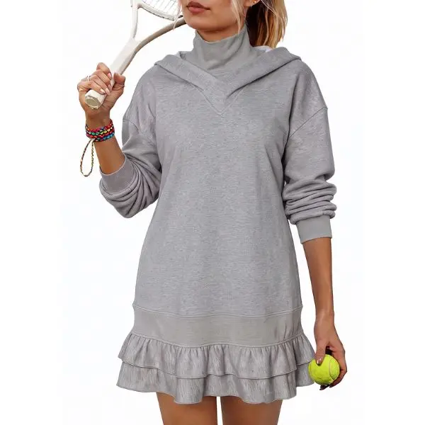 Fisoew Women's 2-in-1 Mock Turtleneck Hoodie Dress Long Sleeve Loose Double Ruffle Hem Sweatshirt Mini Dress, Casual Athletic Tennis Sweat Dress