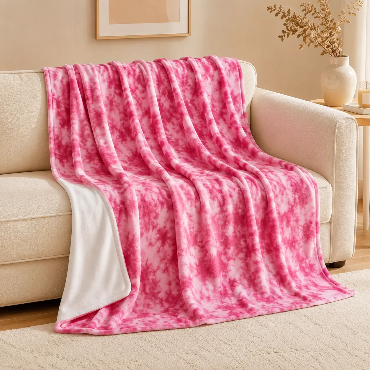 Cozy Pink Tie-Dye Fleece Flannel Throw Blanket - Super Soft, Lightweight Hot Pink Cloud-Patterned All-Season Home Decor Gift for Adults, Ideal for Bed & Couch