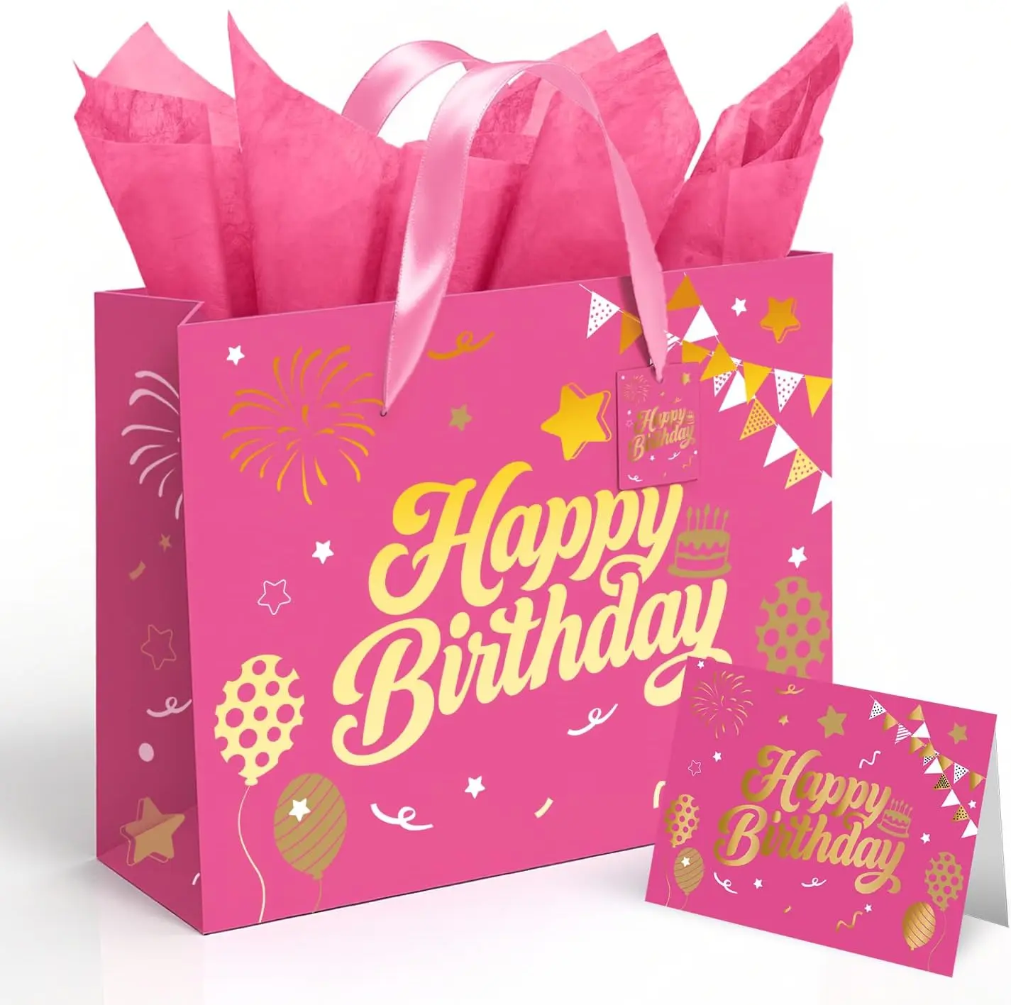 13” Pink Birthday Gift Bag with Tissue Paper and Greeting Card | Happy Birthday Gift Bags for Party, Hot Foil Stamping Design Gift Wrap Bags Decor for Women and Kids, 1 PCS, Medium Size