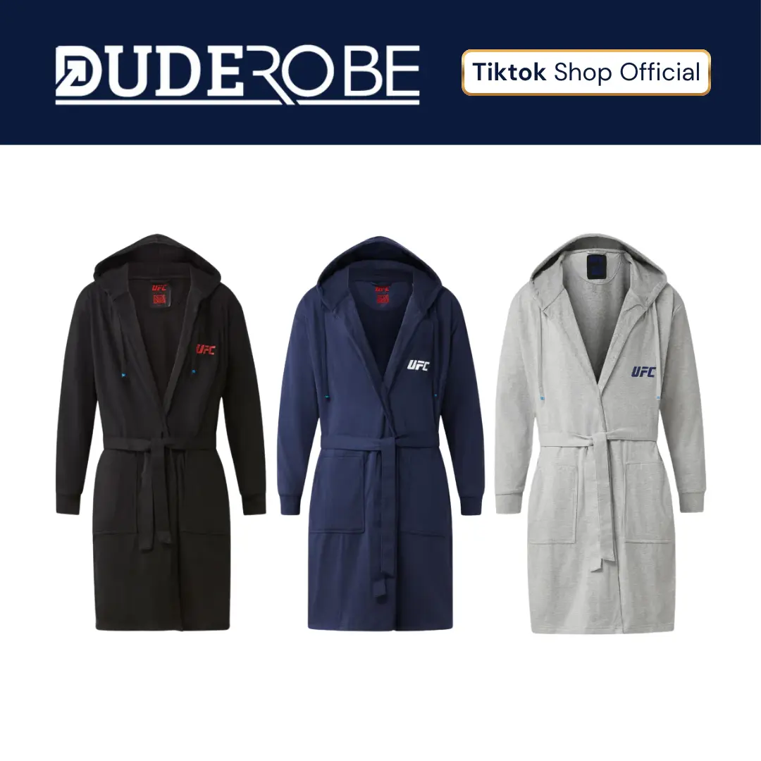 Men's Hooded Wrap Bathrobe - Menswear Casual Relaxed-Fit Towel-Lined Loungewear with Full Sleeves, Attached Belt Tie, Logo Detail, Hidden Pocket
