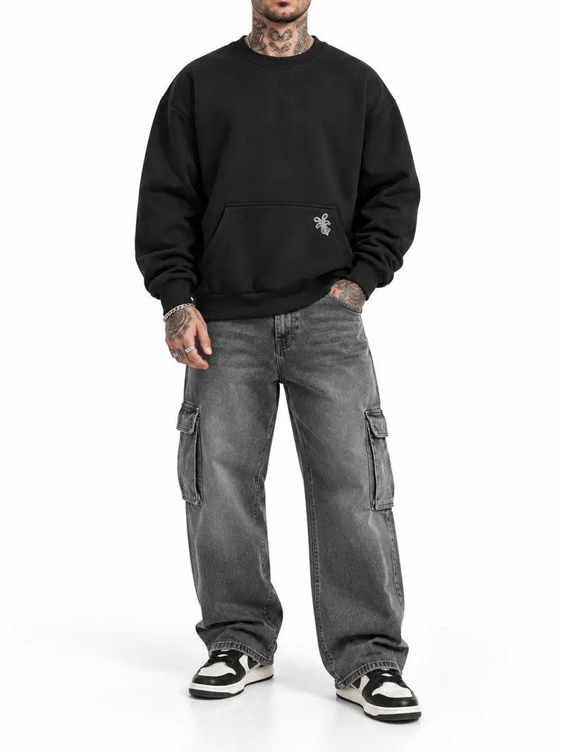 Men’s 2-Pack Fleece Crewneck Sweatshirts - Loose Relaxed-Fit Menswear, Stylish Long Sleeve Pullovers with Kangaroo Pockets, Small Logo Detail, Sports Casual Streetwear for Autumn Winter, Gym, Everyday Wear