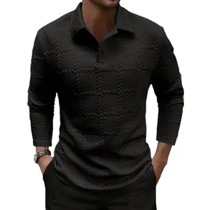 Men's White Textured Knit Polo Shirt, Long Sleeve Jacquard Pattern Polo Top, Breathable & Casual, Perfect for Smart Casual, Daily Wear, Business Casual, Lounging and All-Day Comfort