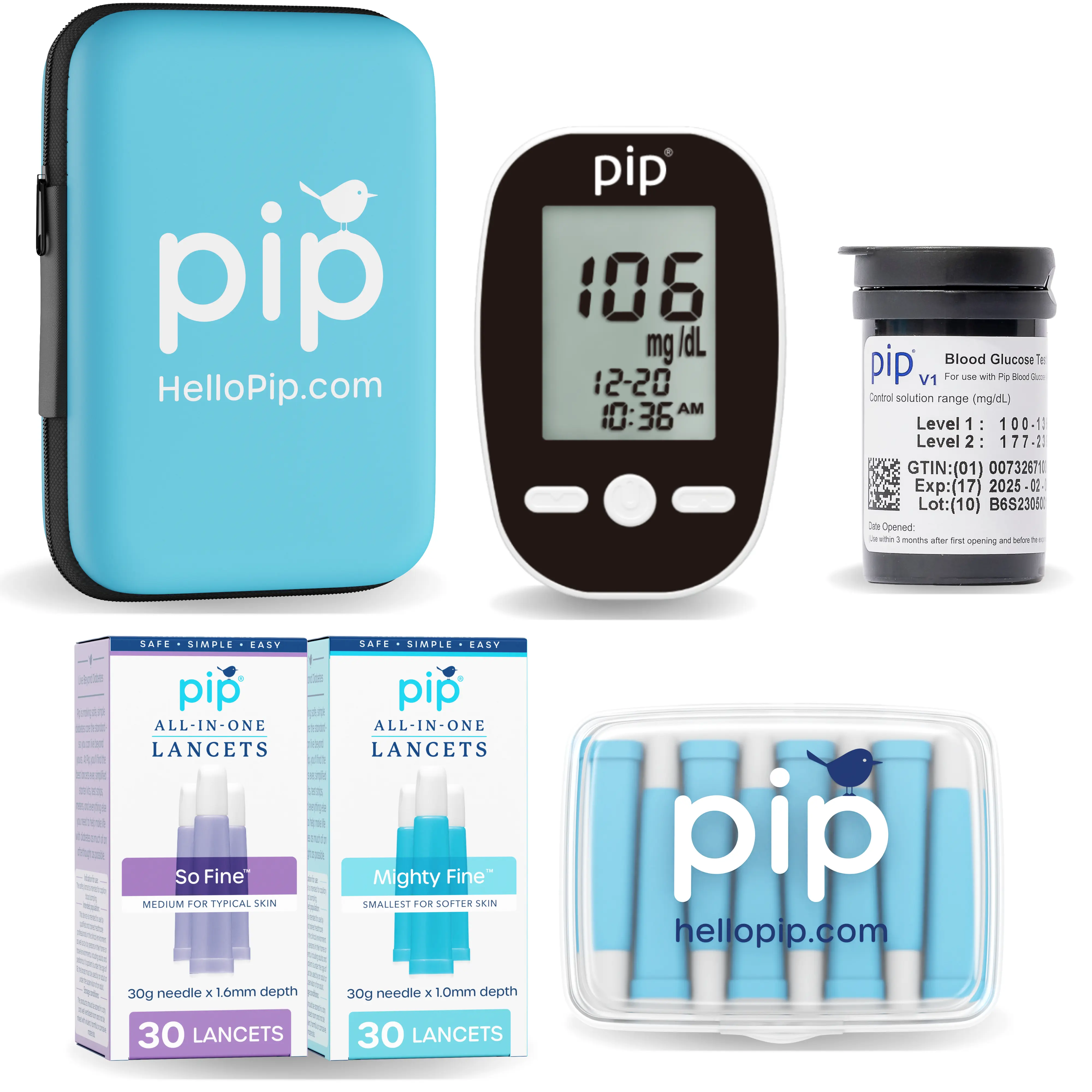 Pip Blood Glucose Monitor Kit – Meter, Test Strips, All-in-One Safety Lancets, Control Solution & Travel Case