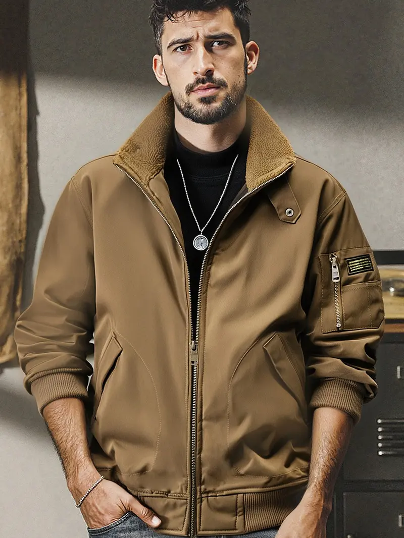 Men's Stylish Casual Aviator Coat - Menswear Top with Warm Stand Collar, Windproof Design, and Functional Pockets, Coats, Tops