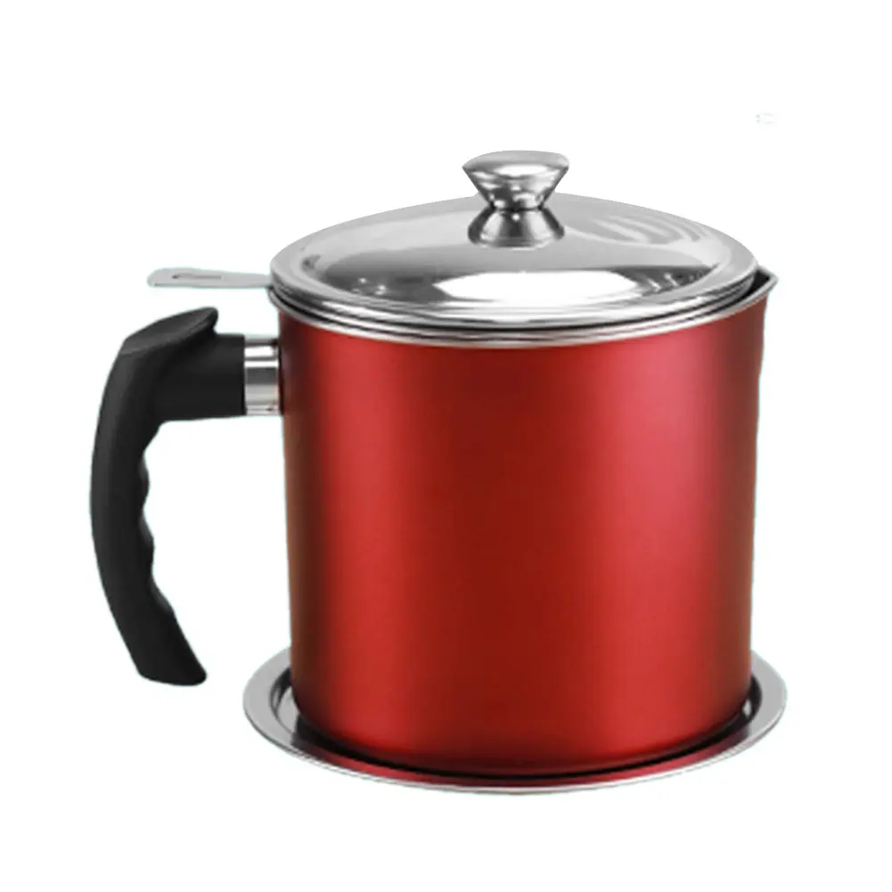 Red Stainless Steel Oil Pot, 1.3L Grease Container with Fine Mesh Strainer, Non-Stick Kitchenware with Non-Slip Tray for Outdoor Cooking, Eco-Friendly, Hiking