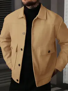 Men's Fall Winter Pocket Button Collar Jacket, Classic Fitted Long Sleeve Coat, Casual Plain Wool Blend Outerwear for Cold Weather