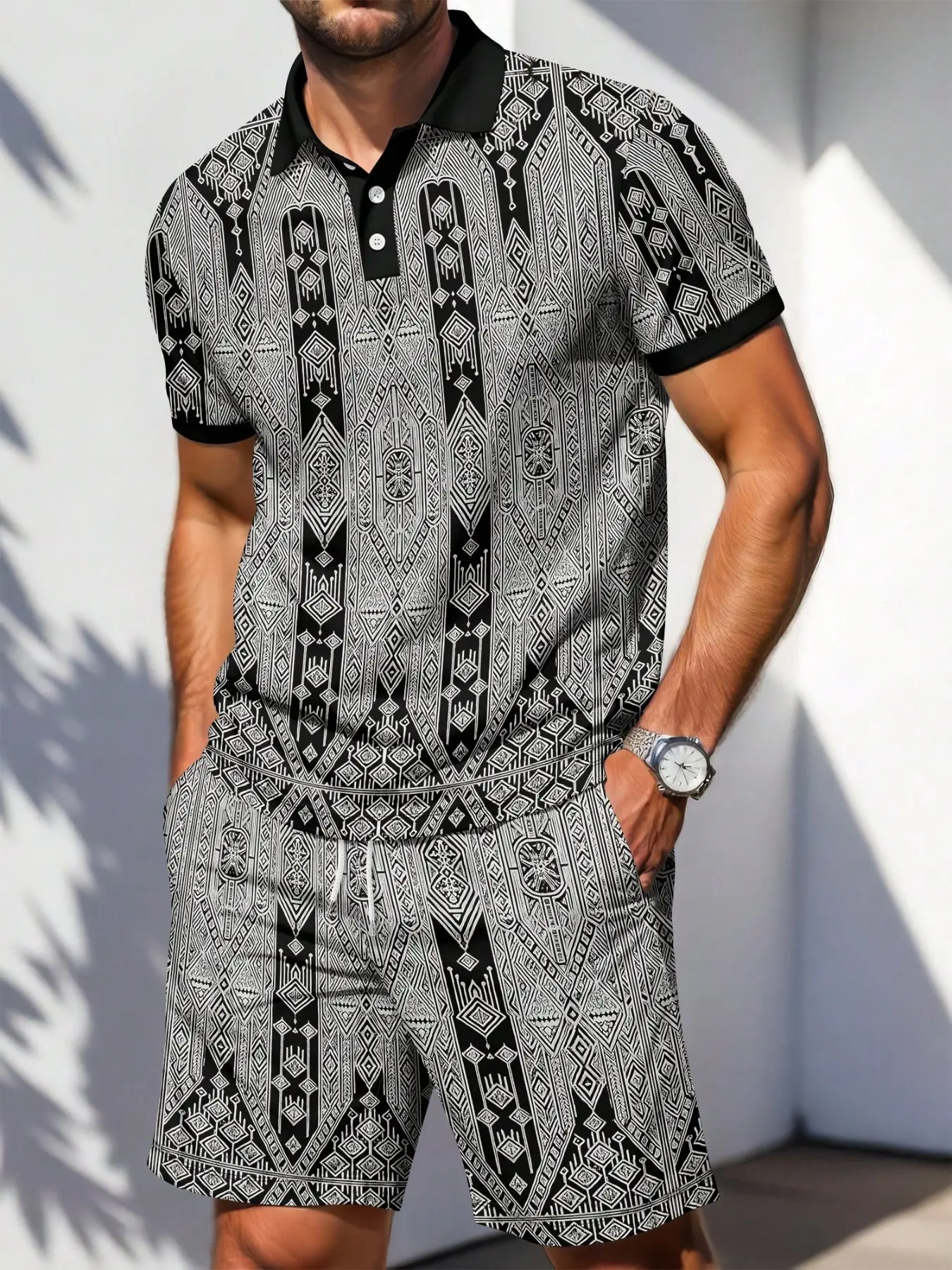 Men's Geometric Pattern Polo Shirt and Shorts Set, Summer Casual Sporty Sport Two-Piece, Men's Fashion Clothing, Menswear