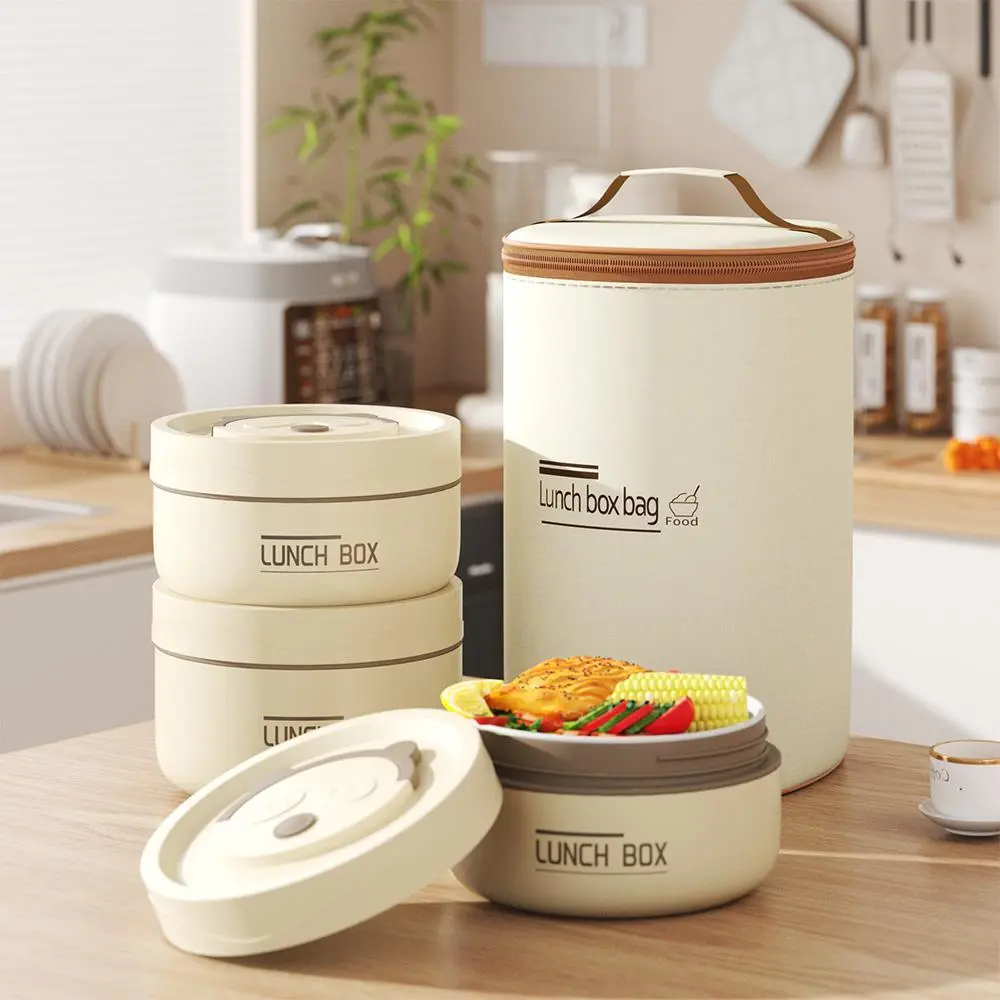 3 Pcs Insulated Bento Box Portable Stainless Steel Food Container Round Microwave Safe Stackable Leakproof Thermal Food Container for Adult Men Women with Insulated Bag(Beige) lunch  box mom  running  lunchbox bentgo box