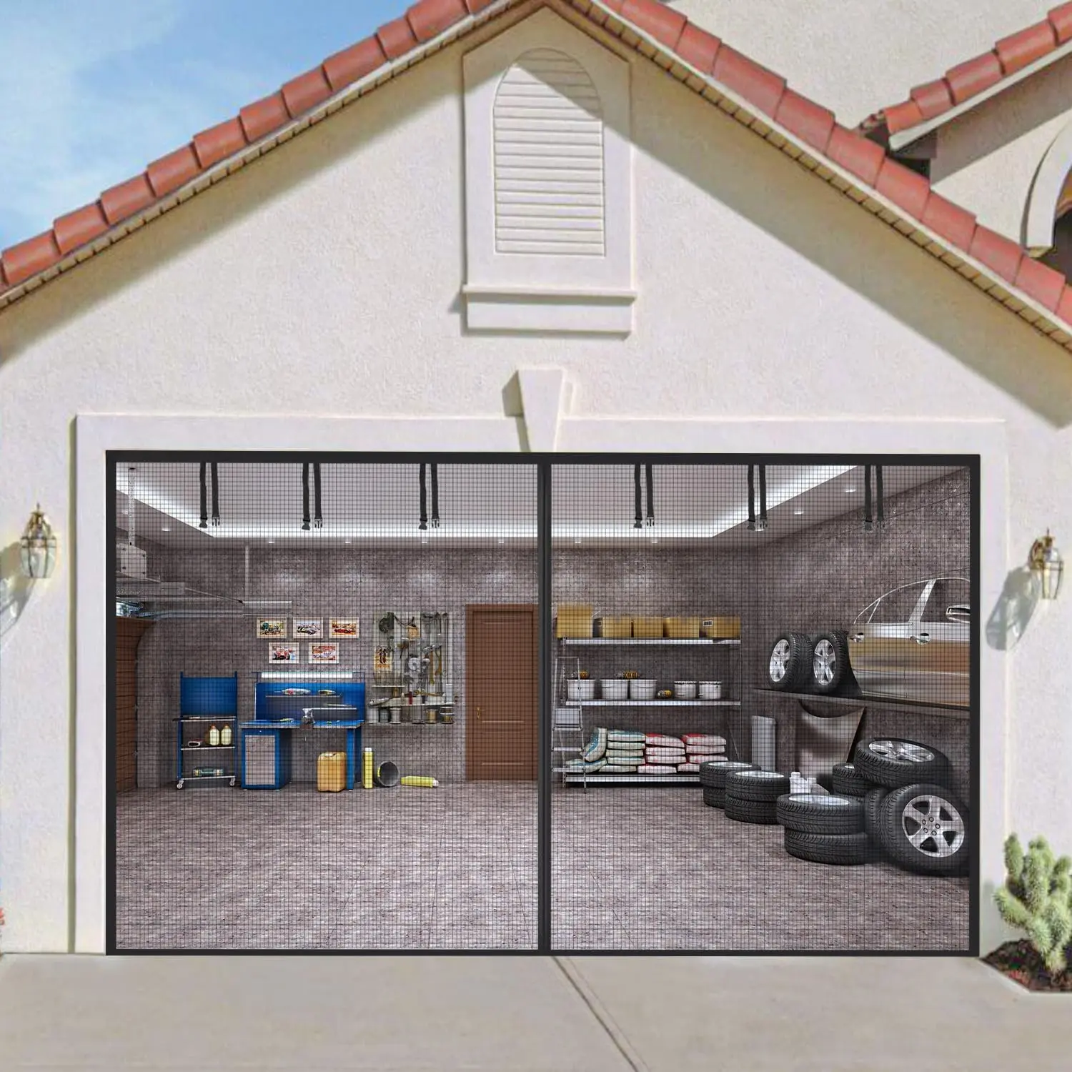 16*7FT Garage Door Screen Magnetic Closure Retractable Fiberglass Screen Door Mesh Curtain Cover Kit Heavy Duty Garage Screen Doors