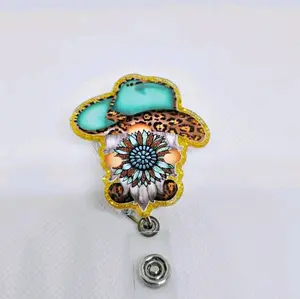 Western Gnome with Turquoise Sunflower  and Cowboy Hat Glitter Acrylic Retractable Badge ID Reel Belt or Alligator Clip retractable clip