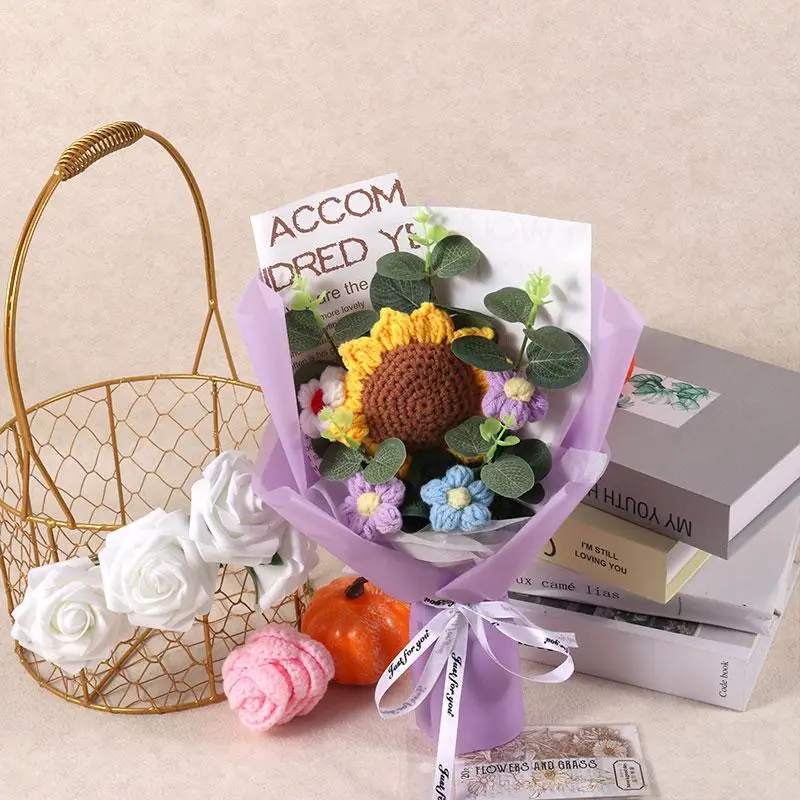 Room Decor Crochet Flower Bouquet, 1 Count Artificial Sunflower/rose Bouquet, Gift for Mom, Girlfriend, 2024 Fall Decorative Ornaments for Home Decora