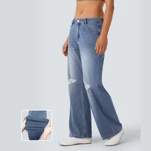 Halara Flex Mid Rise Ripped Washed Stretchy Knit Casual Baggy Jeans With Pockets