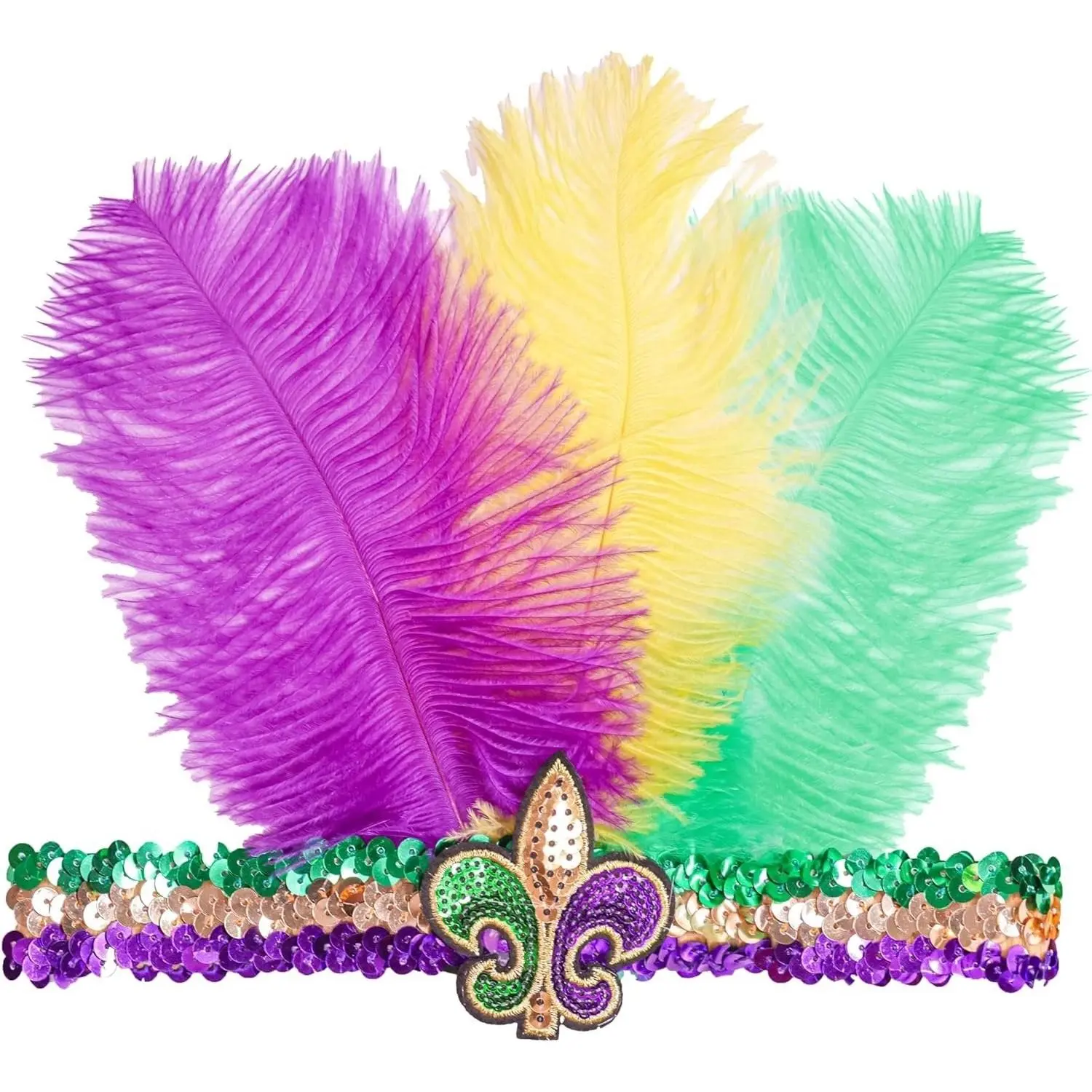 Mardi Gras Sequin Headband with Feathers, Mardi Gras Accessories, Green Purple and Yellow Feather Headband with Fleur-de-lis