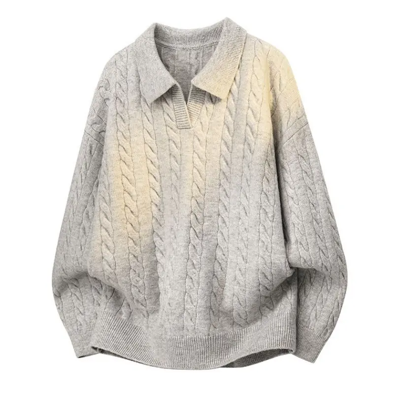 Men's Cream Vertical Cable Textured Knit Sweater, Classic Lapel Collar, Split V Neck Placket, Rib Cuffs And Hem, Soft Warm Knit Fabric Relaxed Overshirt For Office, Daily And Casual Outfits