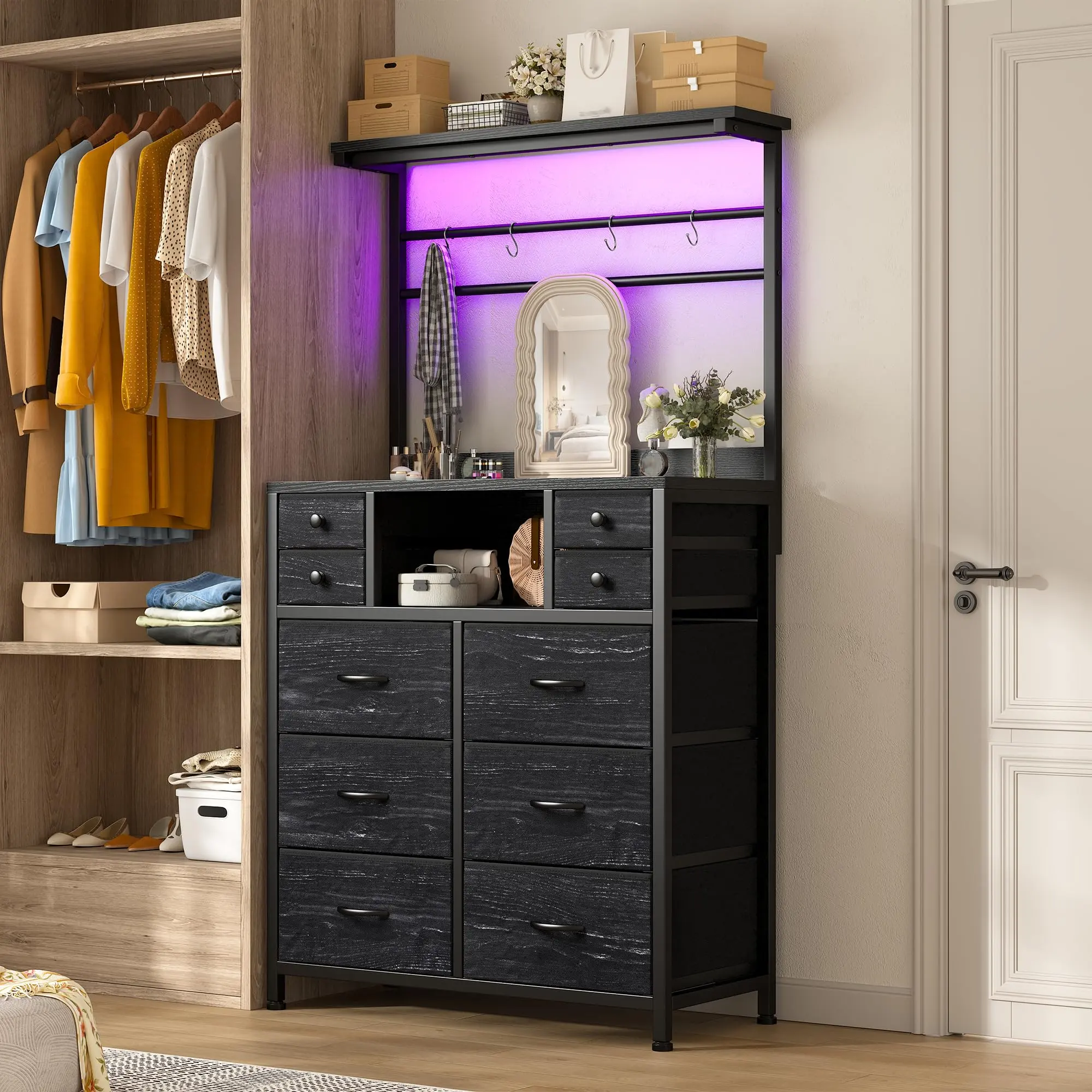 RaybeeFurniture 63" H Dresser for Bedroom with 10 Drawers, Fabric Dresser with Charging Station and LED Lights, Tall Dressers & Chests of Drawers with Open Shelves for Bedroom, Entryway, Hallway