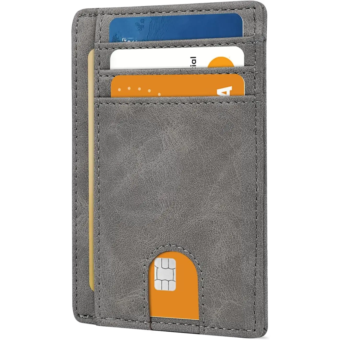 Slim Minimalist Front Pocket Leather Wallet RFID Blocking Small Thin Credit Card Holder for Men and Women Grey