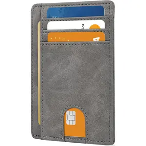 Slim Minimalist Front Pocket Leather Wallet RFID Blocking Small Thin Credit Card Holder for Men and Women Grey