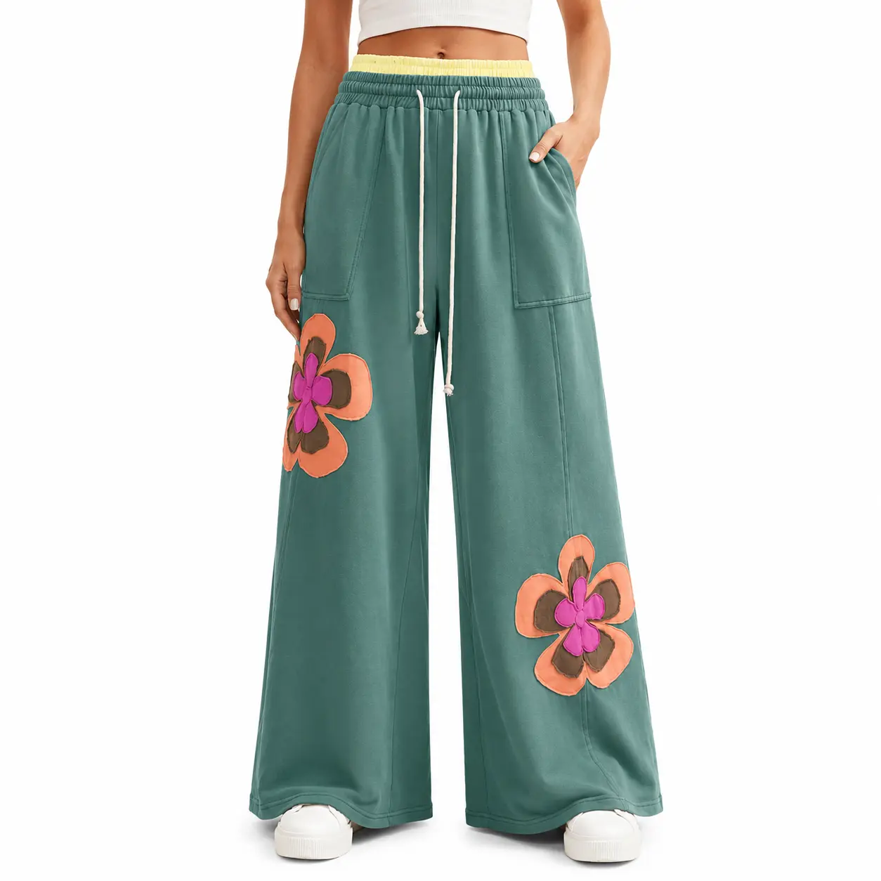 Boho Floral Patchwork Pants for Women, Casual Loose-Fitting Wide Leg Style in a Soft, Breathable Cotton Blend with a Drawstring Belt, Elastic Waist, Soft And Versatile, Solid