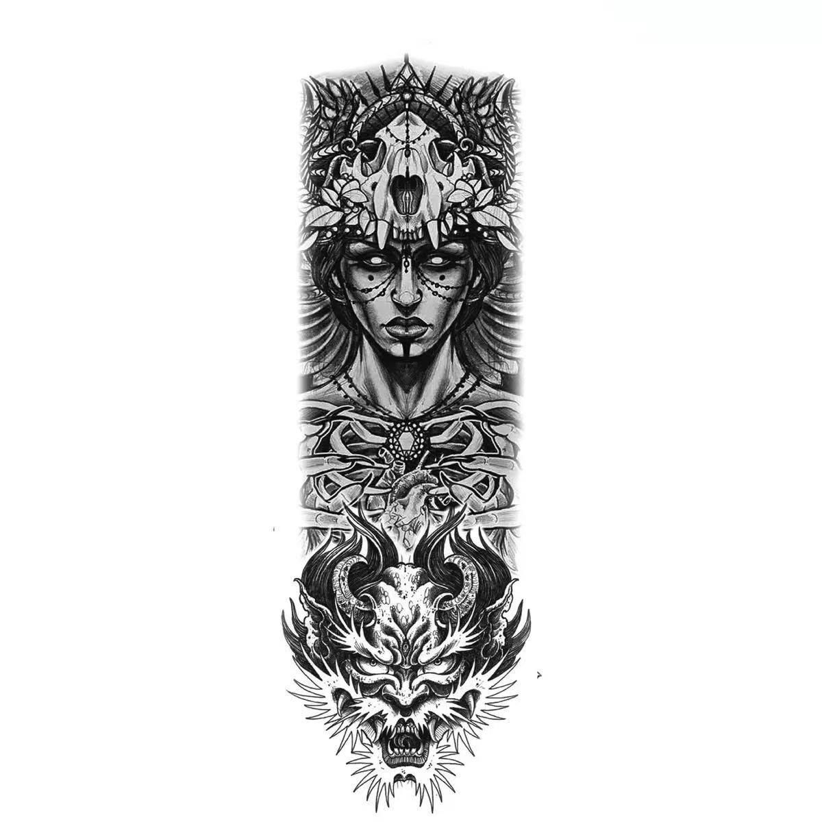 8 Full-Arm Tattoo Stickers: Crown, Lion, Skull, Angel, Wolf, Rose, Clock; Waterproof Tattoo Stickers