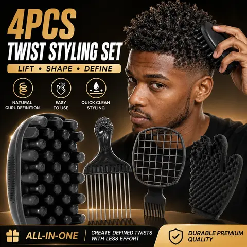 4PCS Curl Sponge Styling Set for Black Hair, Afro Twist Sponge Brush Kit with Dual-Head Metal Pick, Curling Brush & Curl Comb, Scalp Massage Styling Tools for Coils, Twists, Locs & Natural Hair, Coily Hair Tool