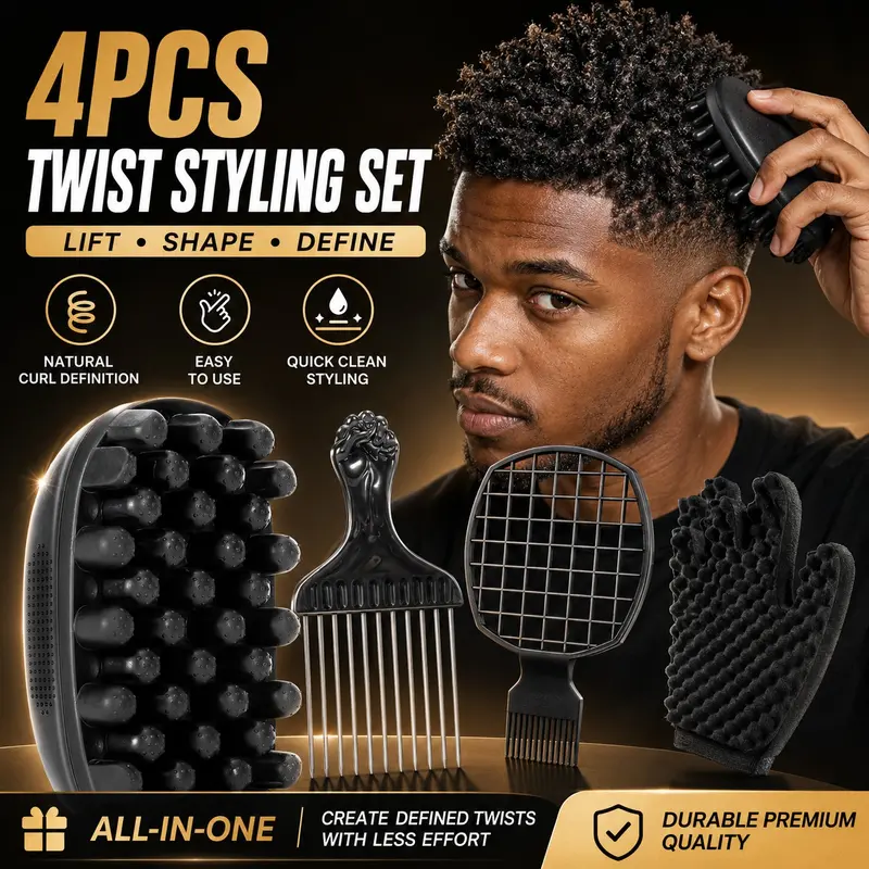 4PCS Curl Sponge Styling Set for Black Hair, Afro Twist Sponge Brush Kit with Dual-Head Metal Pick, Curling Brush & Curl Comb, Scalp Massage Styling Tools for Coils, Twists, Locs & Natural Hair, Coily Hair Tool