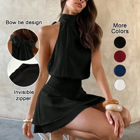 Women's Sexy Elegant Chic Halter Neck Fitted Dress, Patchwork Design, Tiered Skirt, Back Tie Bow, Party Gown, Short Dress