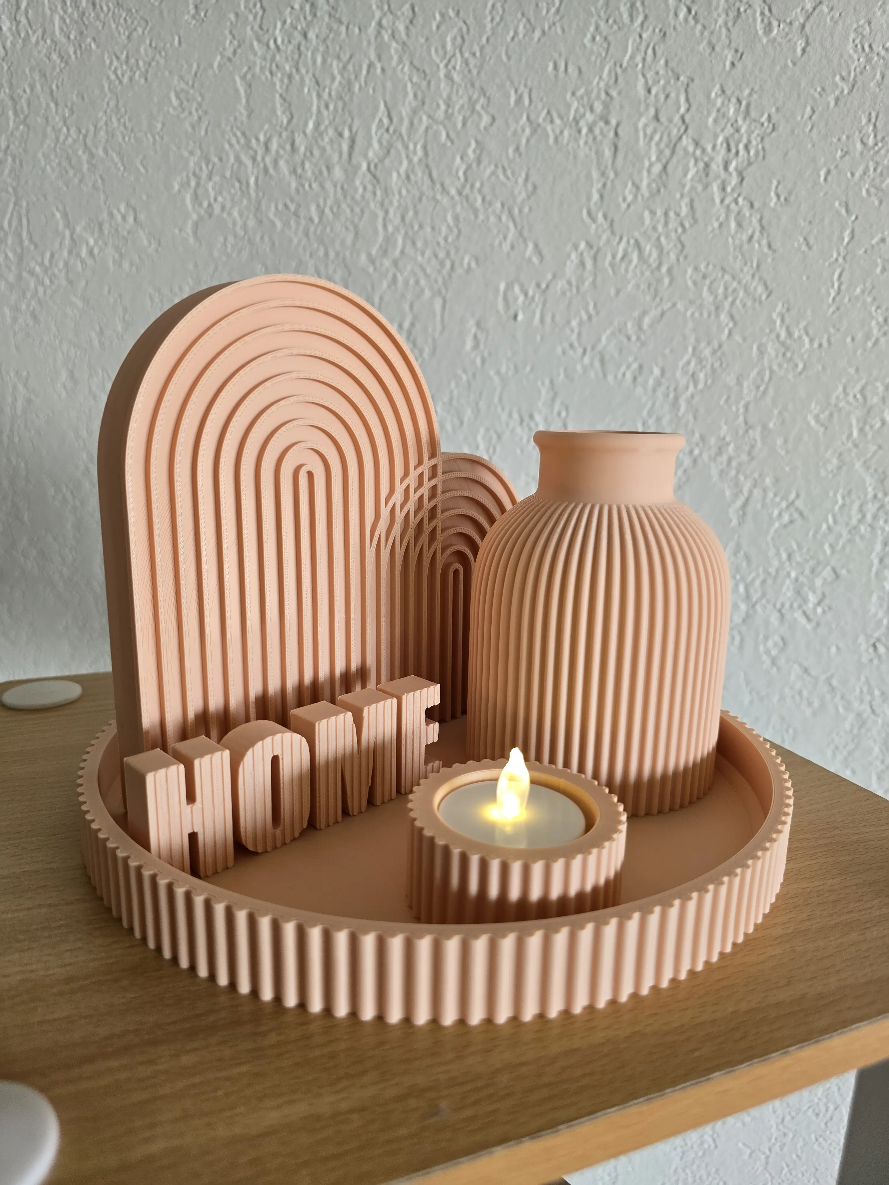 Aesthetic Boho "HOME" Decor Set | Ribbed Tray, Vase & Candle Holder