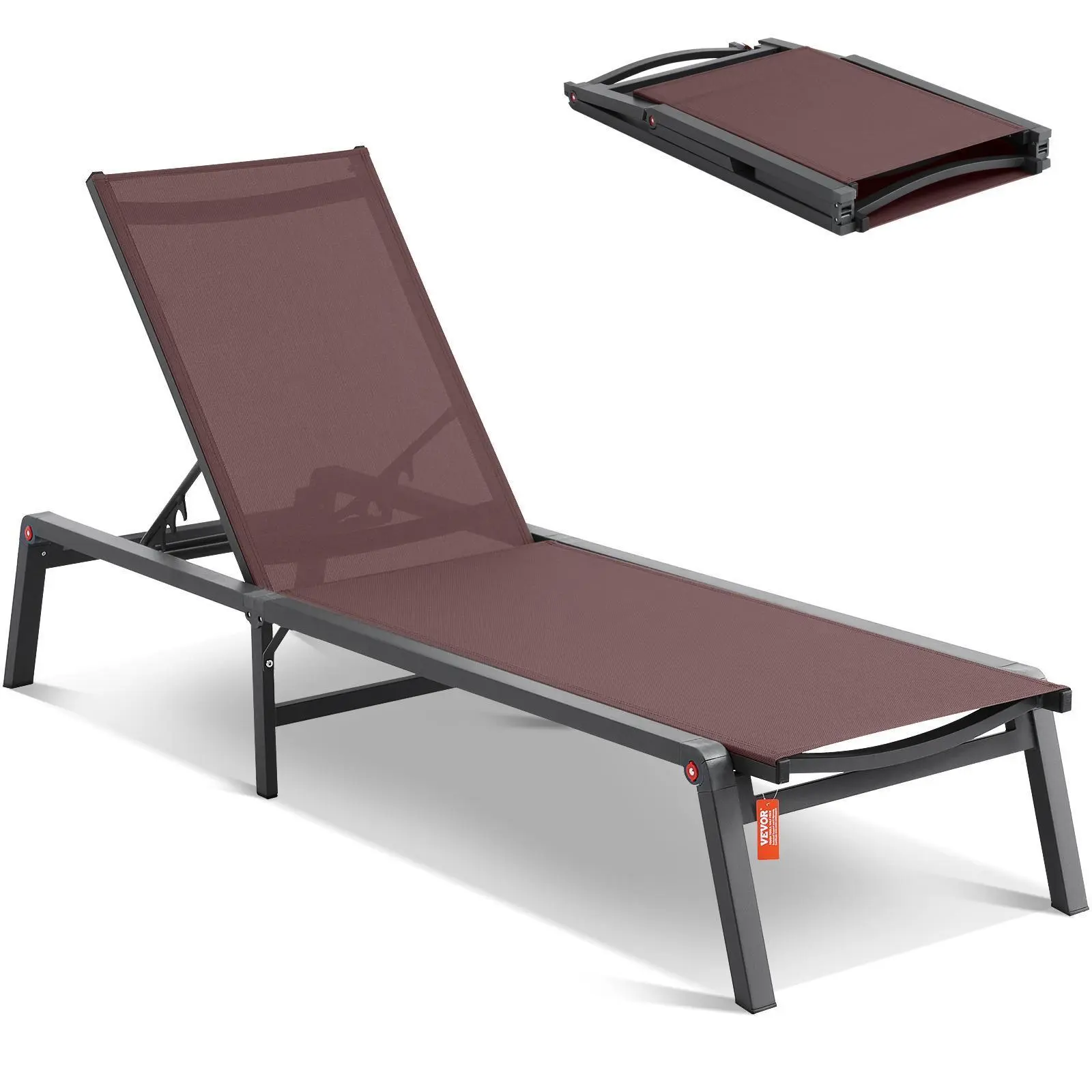 【SummerFinds】VEVOR Chaise Lounge Chair Outdoor,  , Aluminum Patio Lounge Chair with Adjustable 5-Position, Folding Pool Lounge Chair Recliner and Full Flat Tanning Chair for Patio, Beach, Pool, Brown