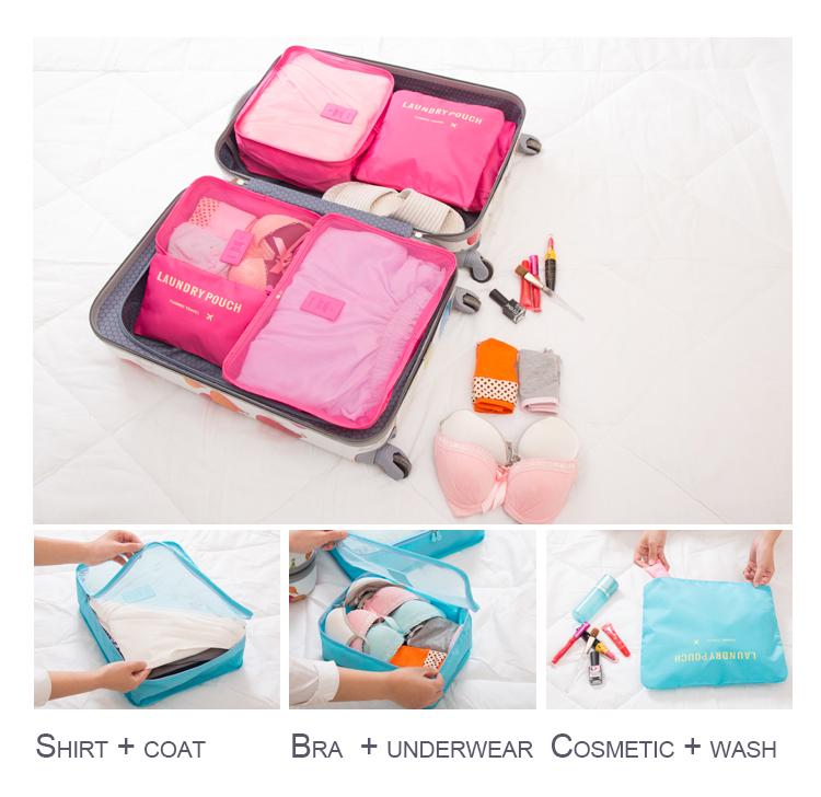 6pcs/set Men and Women Luggage Travel Bags Packing Cubes Organizer Fashion Double Zipper Waterproof Polyester Bag