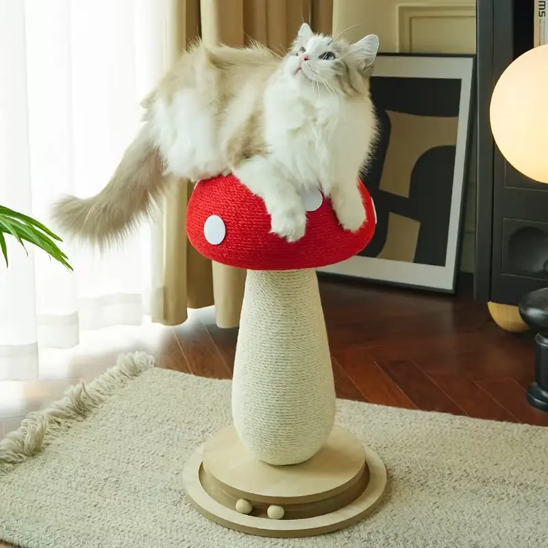 Mushroom Cat Scratching Post - Natural Sisal with Wooden Base Interactive Ball Toy for Indoor Cats Protects Furniture
