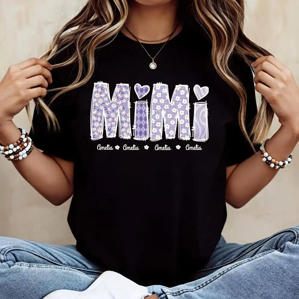 Women's Plaid Purple Pattern Short-Sleeve Top - Cute Personalized T-Shirt with Mimi & Amelia Names, Spring-Summer Wear, Ideal Gift for Grandmothers, Tops, Sporty Chic, Athletic, No, Personalized Name, Plaid Print