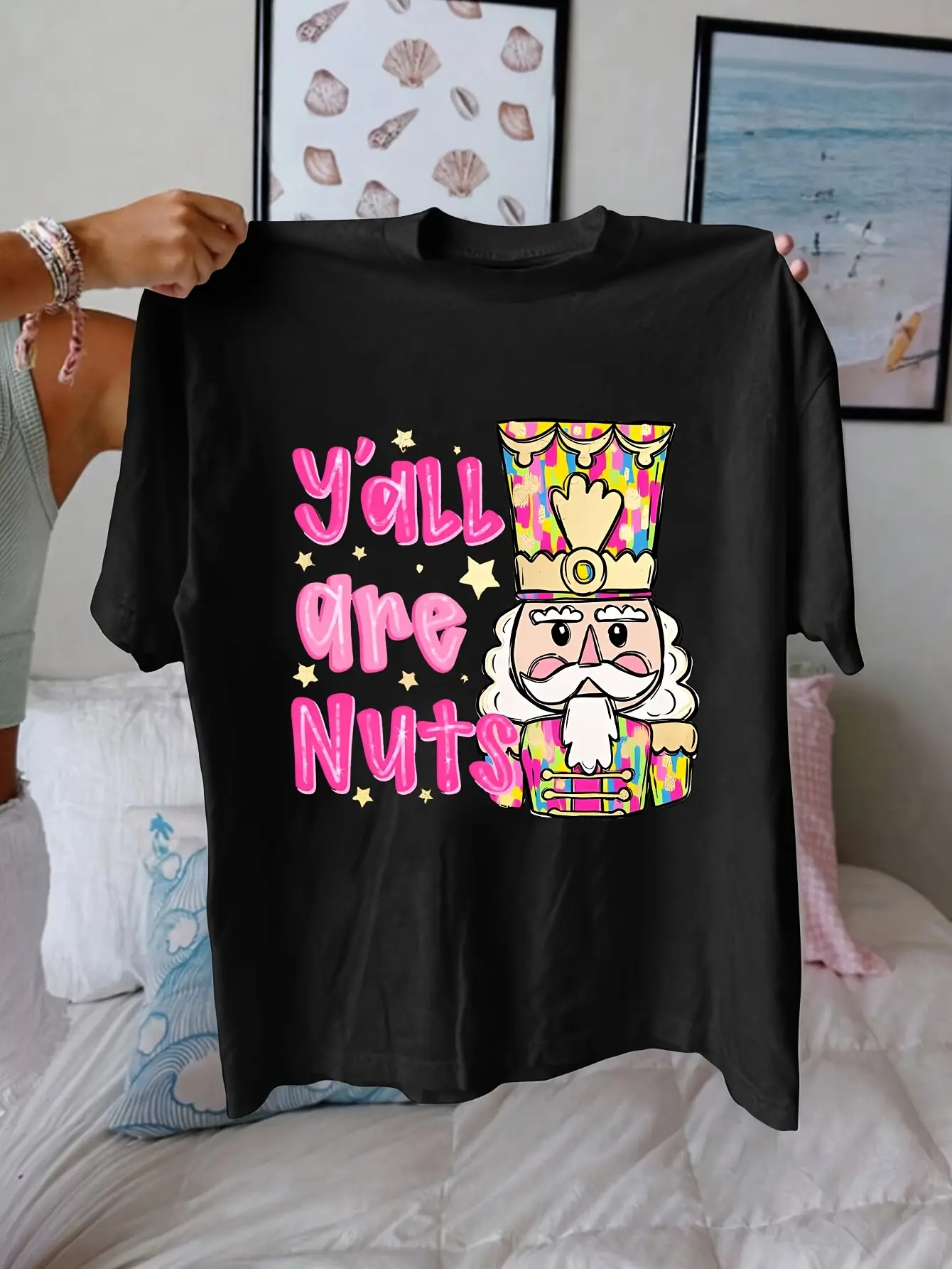 Women's Short Sleeve Round Neck Glitter Christmas Nutcracker Print T-Shirt - Everyday Unisex Festive Holiday Apparel, Pink Stars Cartoon Graphic, "Y'all Are Nuts!" Slogan, Machine Washable Spring Summer Casual Top, Simple, Jeans