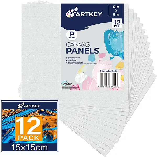 Artkey Canvas Panels 6x6 Inch 12-Pack, 10 oz Primed 100% Cotton White Blank Canvases for Painting, Square Flat Canvas Board for Oil Acrylics Watercolor & Tempera Paints