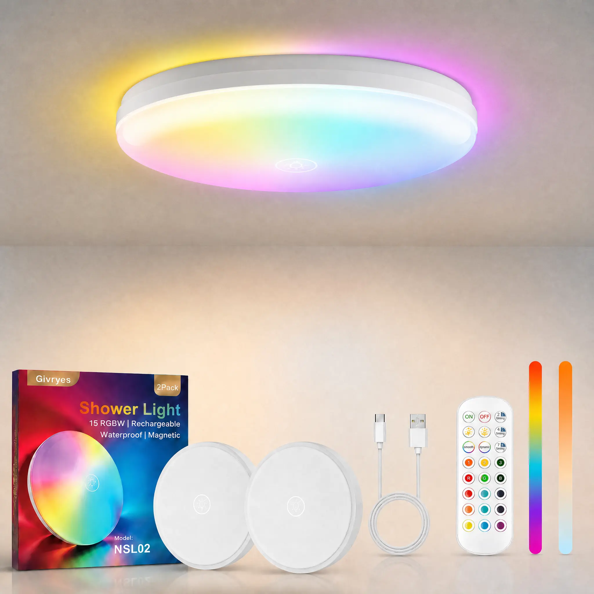 Givryes Rechargeable IP66 Waterproof Shower Lights 2-Pack, 15 RGBW Ceiling Light with Remote Control, Wireless Battery-Operated Magnetic LED Lights for Shower, Closet, Pantry, Shed, Hallway, Porch, Garage